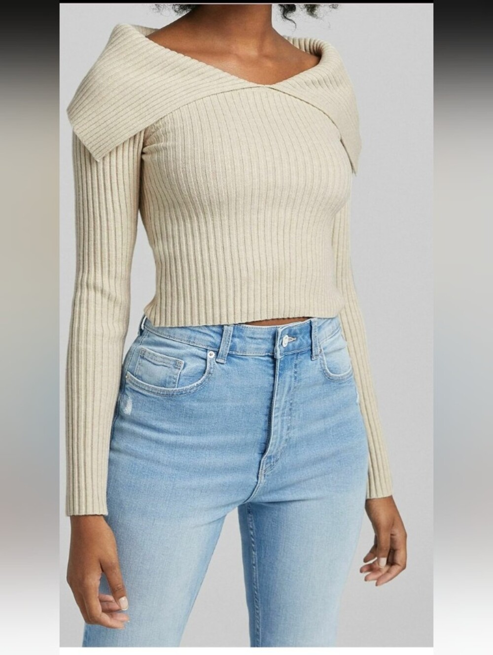 Dynamite Medium Off-Shoulder Ribbed Sweater Top - Cream - Picture 8 of 15